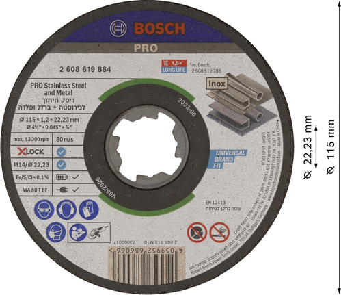 Disco de corte Bosch PRO X-Lock para acero inoxidable y metal, 115 mm.